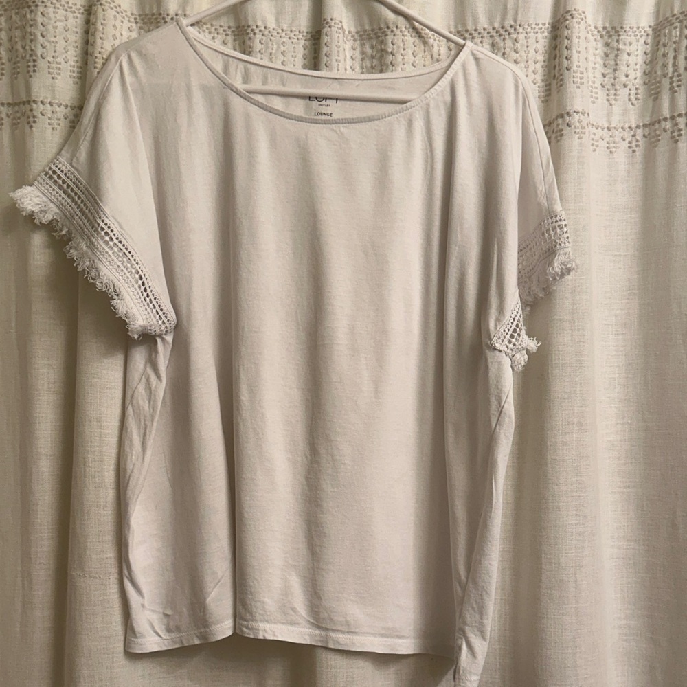 Loft White Scoop Neck Tee with Crochet-Trim Short Sleeves